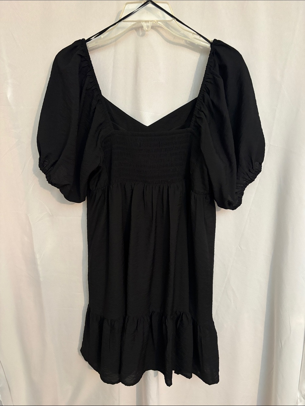 Nine West Black Babydoll, Puff-Sleeve, Tiered Mini Dress LBD Size Large - Picture 9 of 16